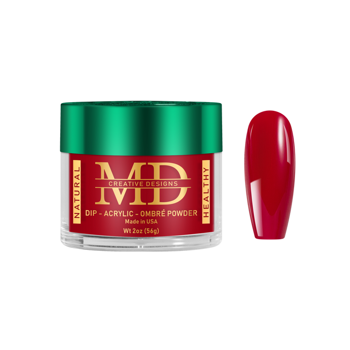 Jar of MD nail powder with a red nail tip color swatch on a white background