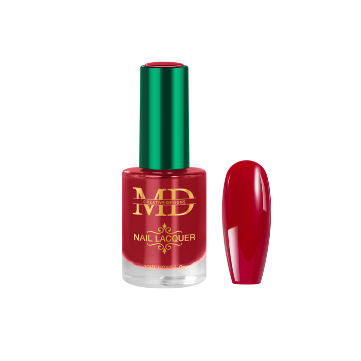 Red nail polish bottle with green cap on a white background