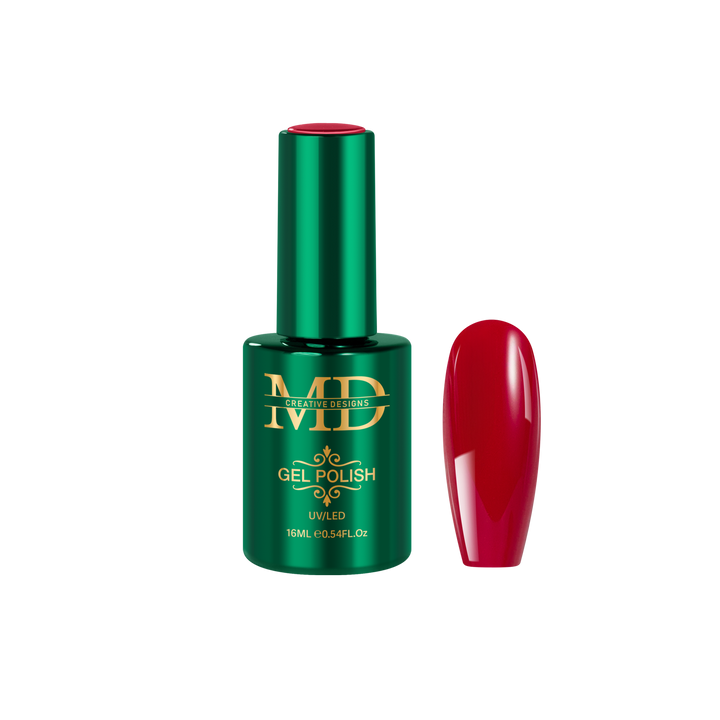 Green gel polish bottle with red nail tip next to it on a white background