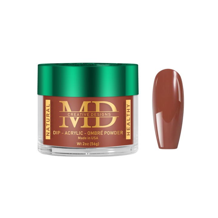 Jar of MD nail powder with a brown nail tip color swatch on a white background