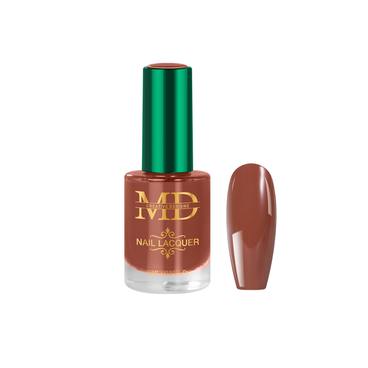 Nail polish bottle with a green cap and brown nail color on a white background