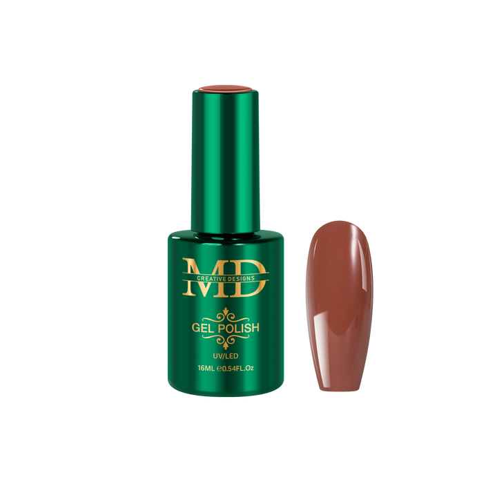 Green gel polish bottle with a brown nail tip color swatch on a white background