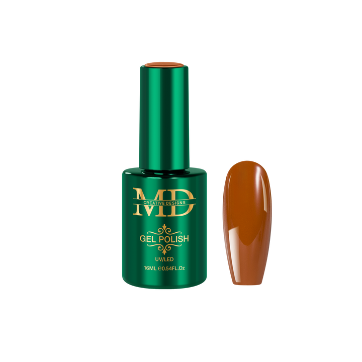Green gel polish bottle with a brown nail tip color swatch on a white background