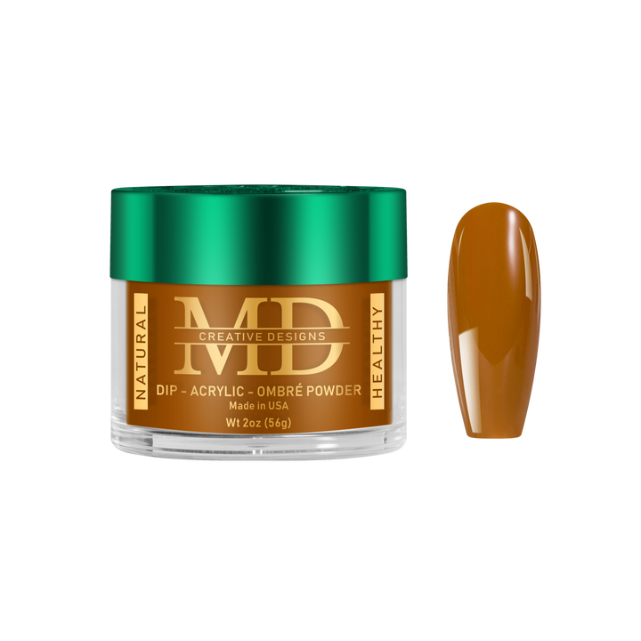 Jar of MD nail powder with a brown color swatch on a white background