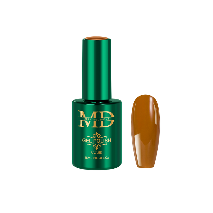 Green gel polish bottle with a brown nail tip color swatch on a white background