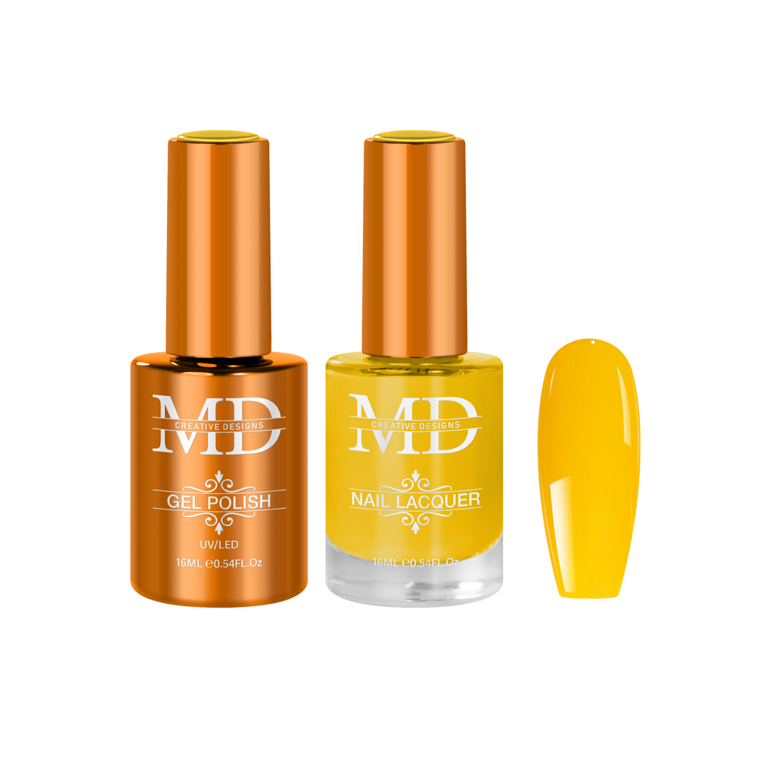 Two nail polish bottles and a yellow nail tip swatch on a white background.