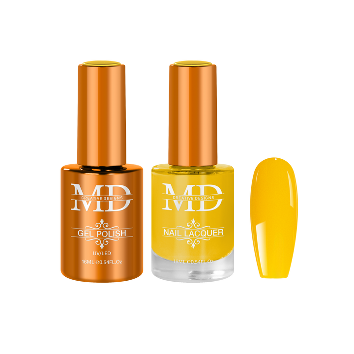 Two nail polish bottles and a yellow nail tip swatch on a white background.