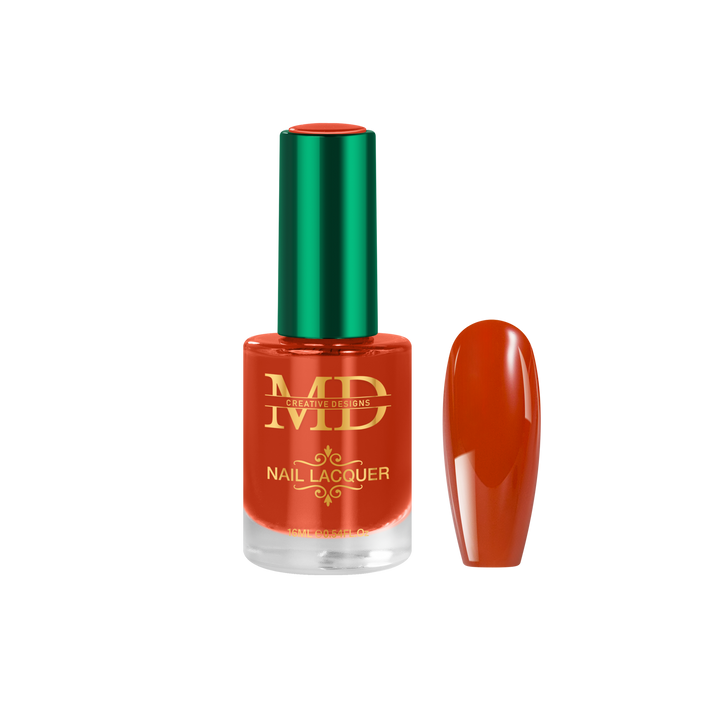 Orange nail polish bottle with green cap on a white background
