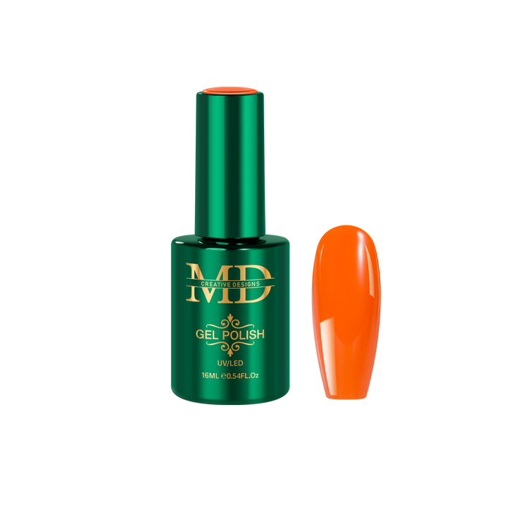 Green gel polish bottle with orange nail tip on a white background