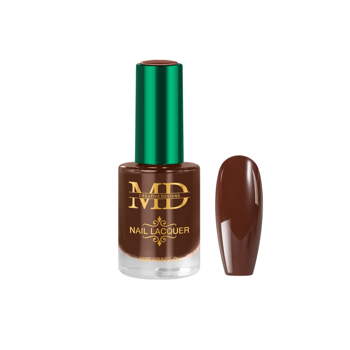 Brown nail polish bottle with green cap and matching nail tip color swatch on a white background