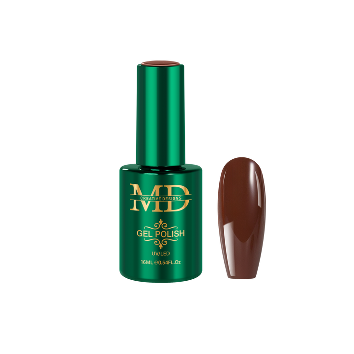 Green gel polish bottle with a brown nail tip color swatch on a white background