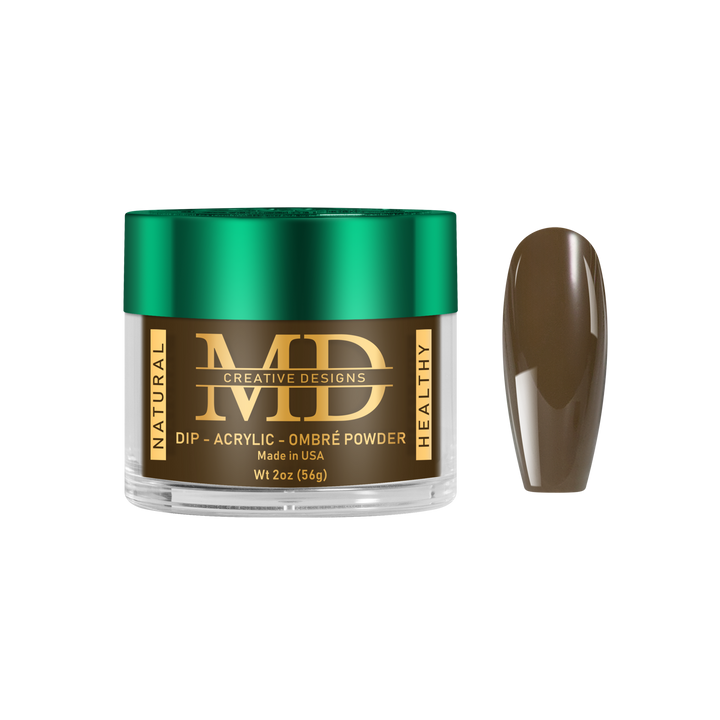 Jar of MD nail powder with a brown color swatch on a white background
