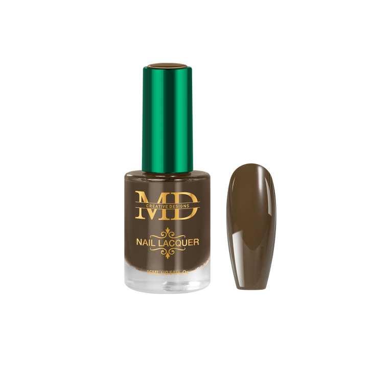 Brown nail polish bottle with green cap on a white background