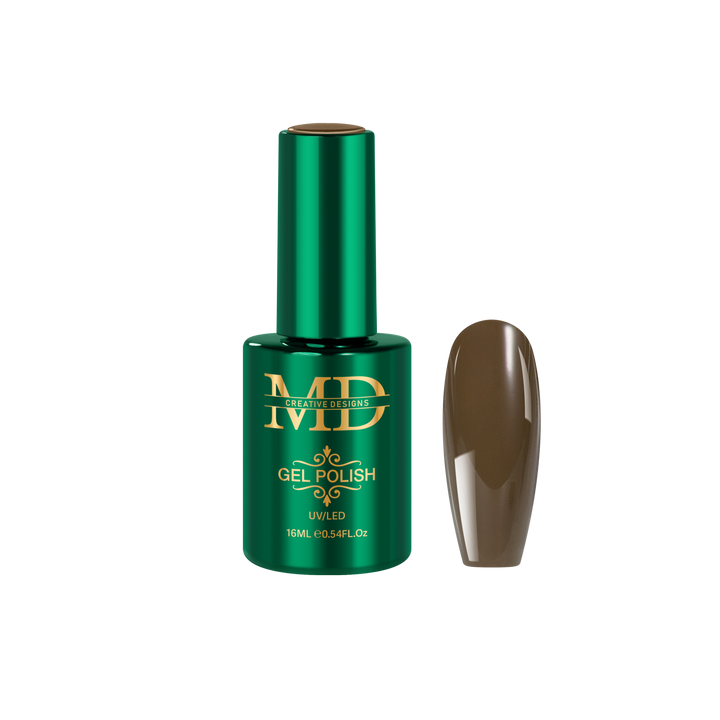 Green gel polish bottle with a brown nail tip color swatch on a white background