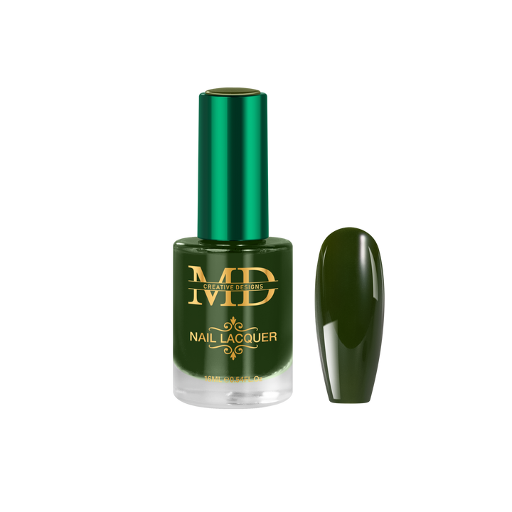 Green nail polish bottle with a matching nail tip color swatch on a white background