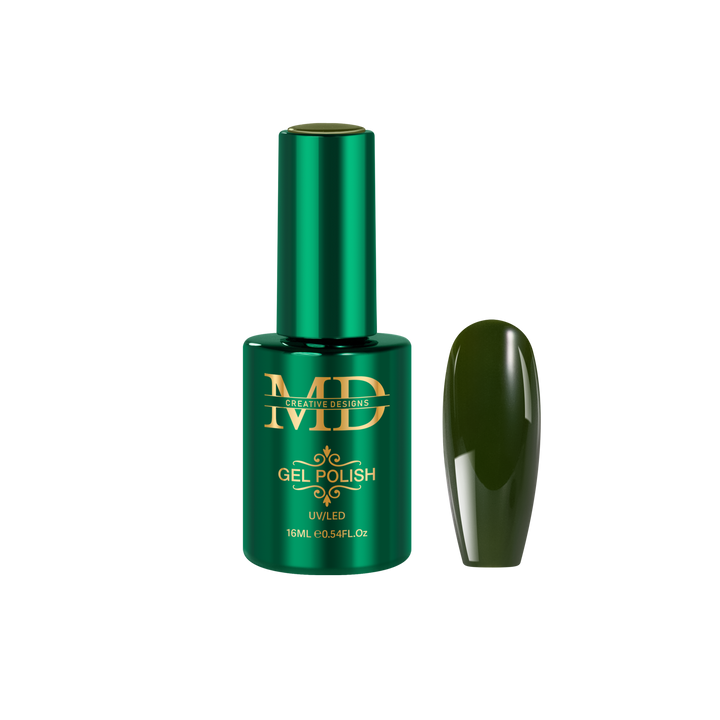 Green gel polish bottle with a matching nail tip color swatch on a white background