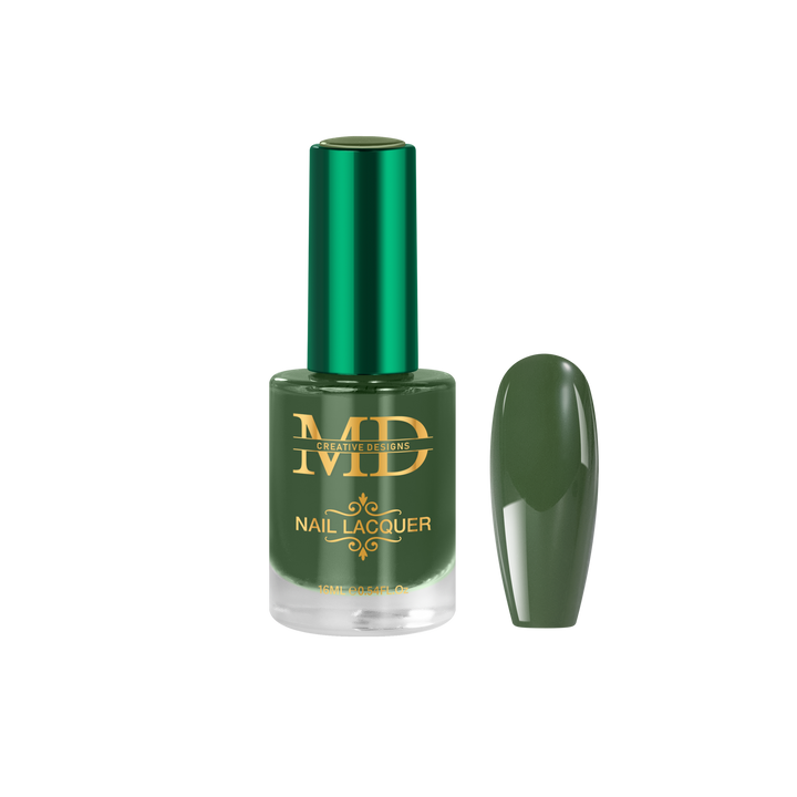 Green nail polish bottle with a matching nail tip color swatch on a white background