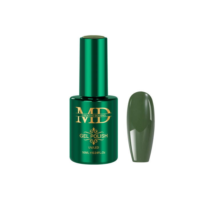 Green gel polish bottle with a matching nail tip color swatch on a white background