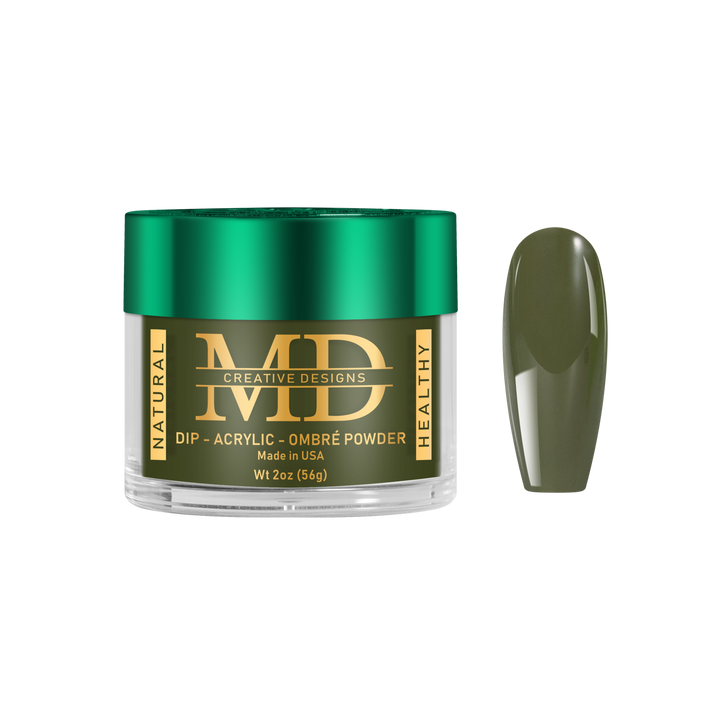 Green nail powder in a jar with a matching green nail tip color swatch on a white background