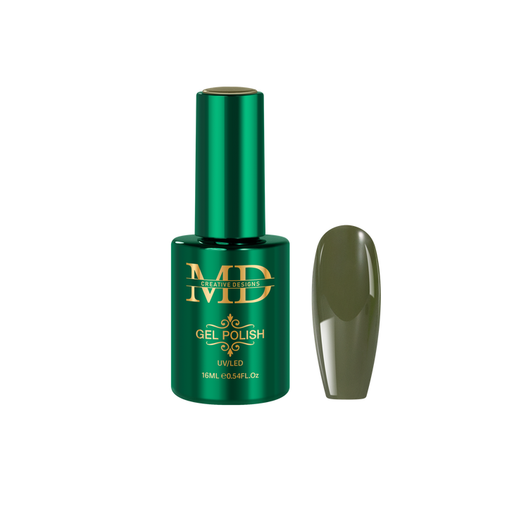 Green gel polish bottle with a color swatch on a white background