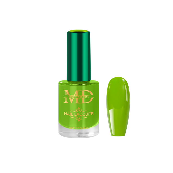 Green nail polish bottle with a matching nail tip color swatch on a white background