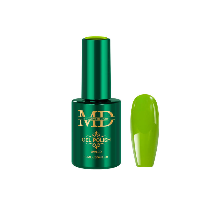 Green gel polish bottle with a matching nail tip color swatch on a white background