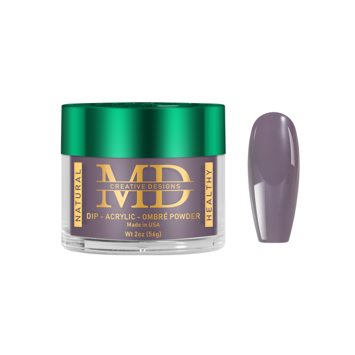 Jar of MD nail powder with a matching purple powder nail tip color swatch on a white background
