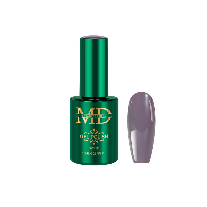 Green gel polish bottle with a gray purple nail tip color swatch on a white background