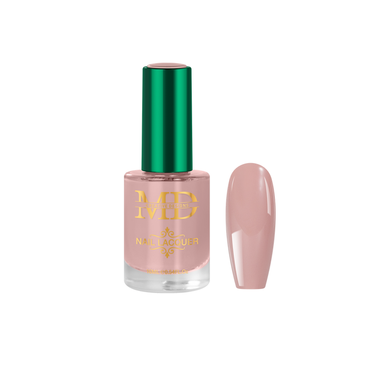 Pink nail polish bottle with green cap on a white background