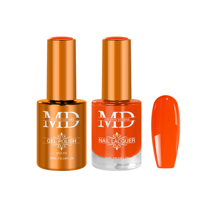 Orange nail polish bottles with a matching orange nail tip swatch on a white background