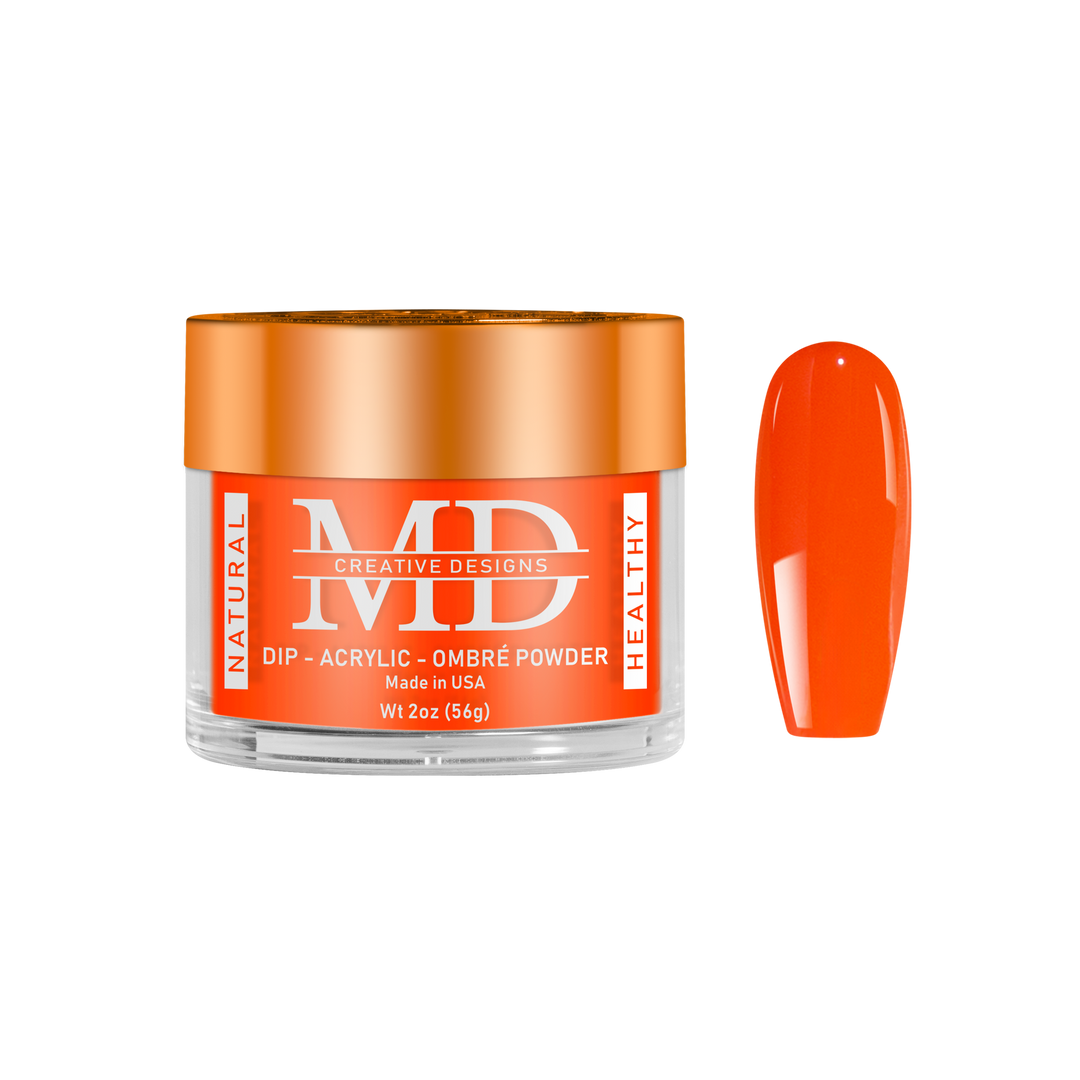 Orange nail powder container with a matching nail color swatch on a white background