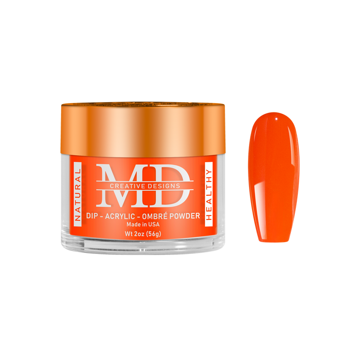 Orange nail powder container with a matching nail color swatch on a white background