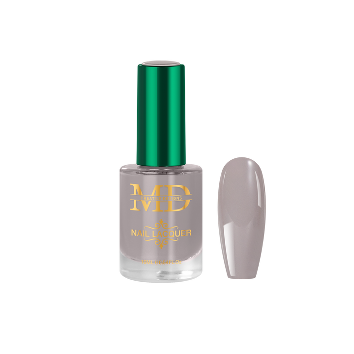 Nail polish bottle with green cap and gold logo on a white background