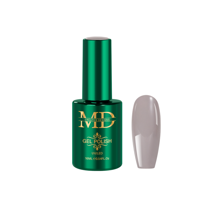Green gel polish bottle with a gray nail tip color swatch on a white background
