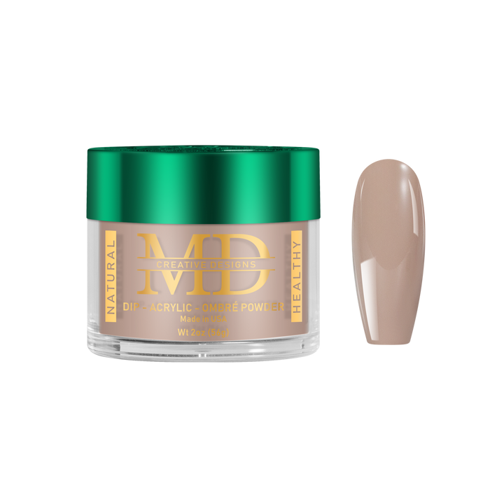 Jar of MD acrylic dipping powder with a beige nail tip color swatch on a white background
