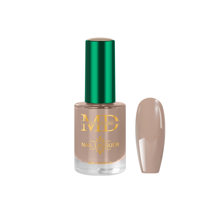 Nail polish bottle with a green cap and beige nail tip color swatch on a white background