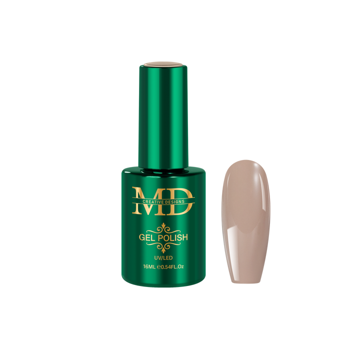 Green gel polish bottle with beige nail tip color swatch on a white background