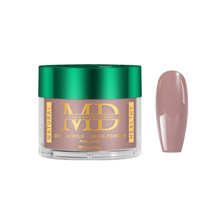 Jar of MD nail powder with a matching nail tip color swatch on a white background