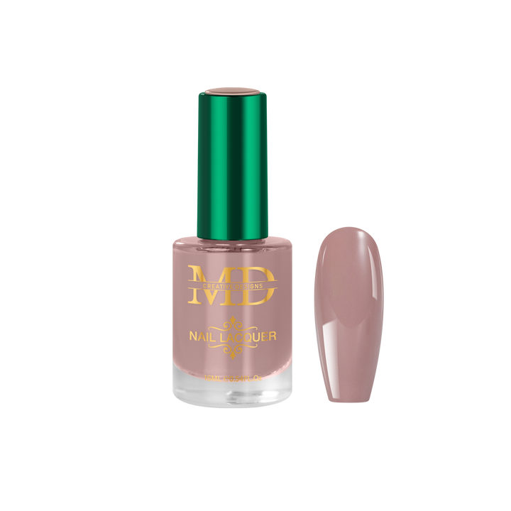 Nail polish bottle with a green cap and a matching nail tip color swatch on a white background