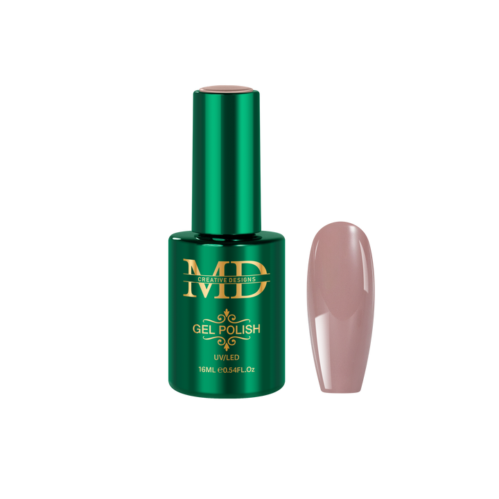 Green gel polish bottle with a nude pink nail tip color swatch on a white background