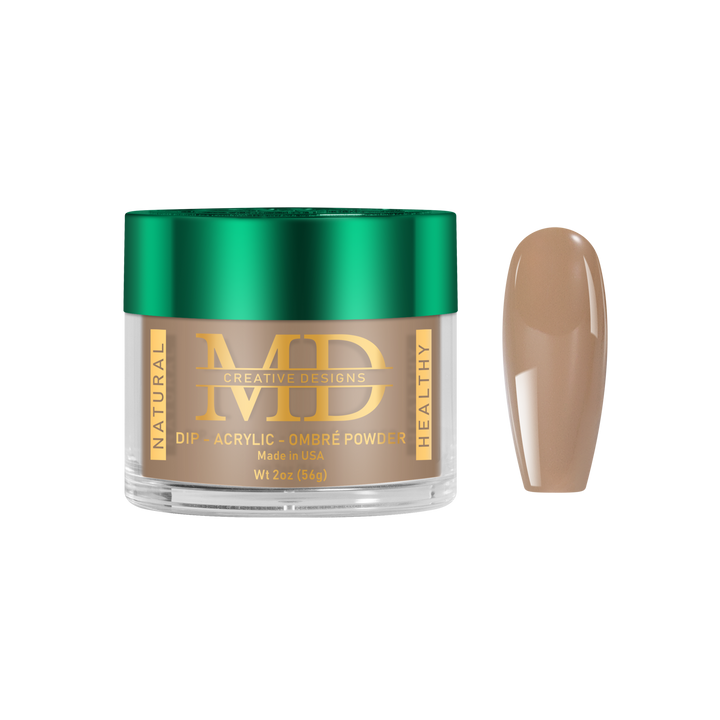 Jar of MD nail powder with a matching brown color swatch on a white background