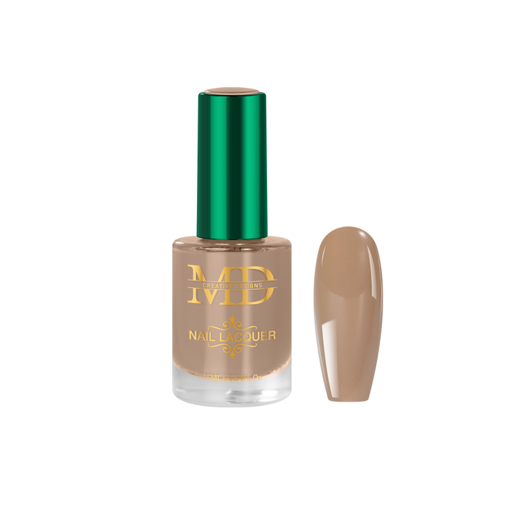 Nail polish bottle with a green cap and brown nail tip color swatch on a white background