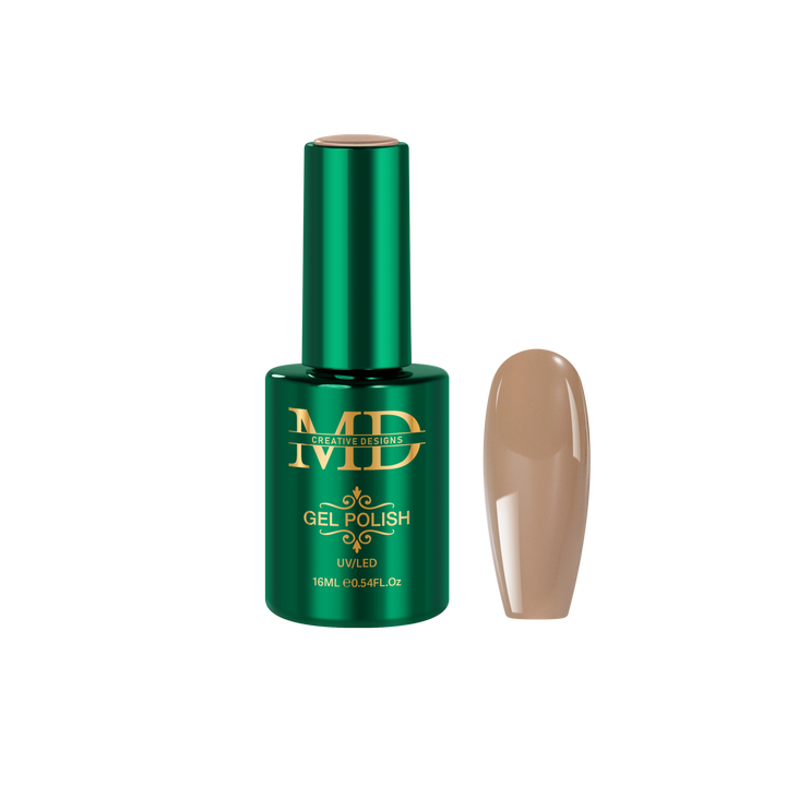 Green gel polish bottle with brown nail tip color swatch on a white background