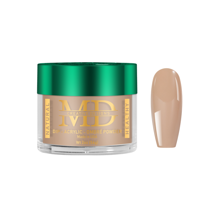 Jar of MD acrylic powder with a beige nail tip color swatch on a white background