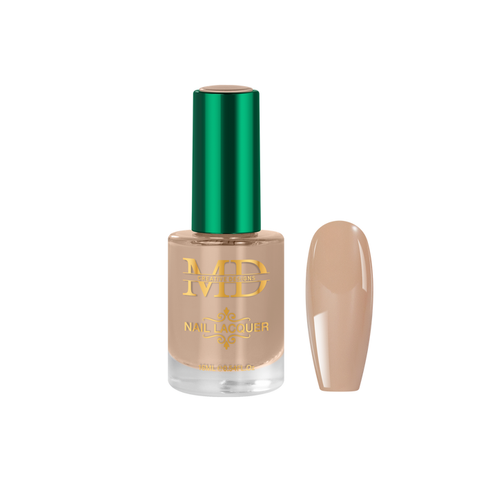 Nail polish bottle with green cap and beige nail tip color swatch on white background