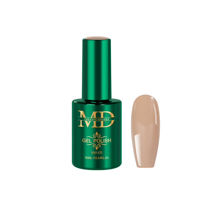 Green gel polish bottle with beige nail tip color swatch on a white background