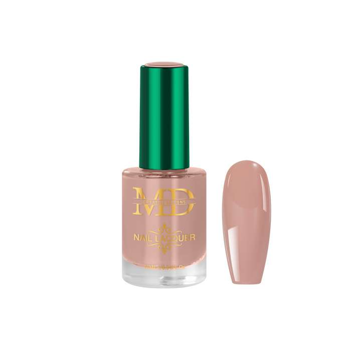 Nail polish bottle with a green cap and a beige nail tip color swatch on a white background