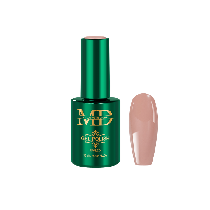 Green gel polish bottle with a nude pink nail tip color swatch on a white background