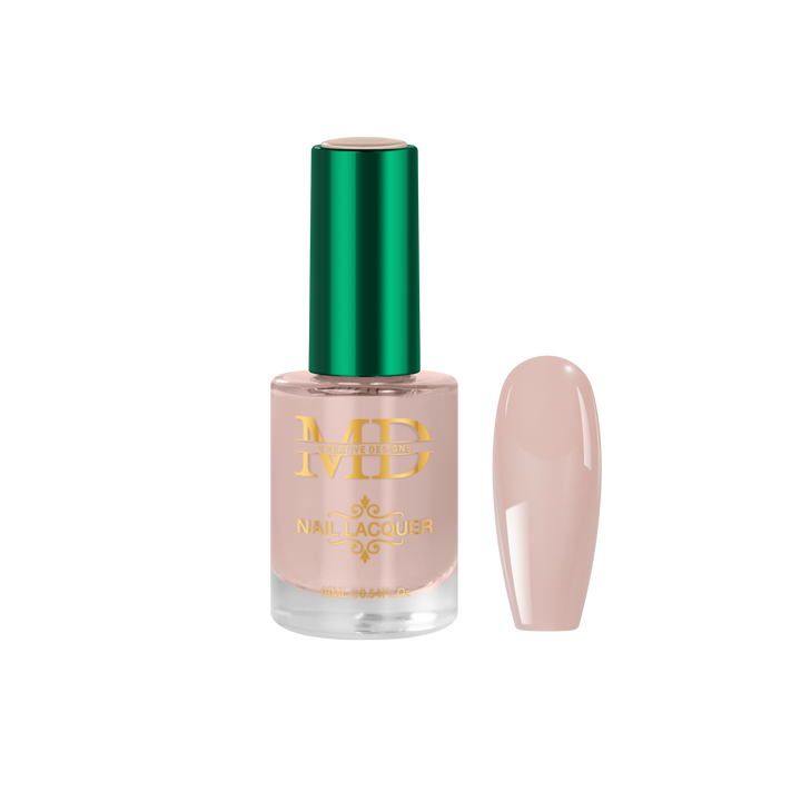 Nail polish bottle with green cap and gold label on a white background