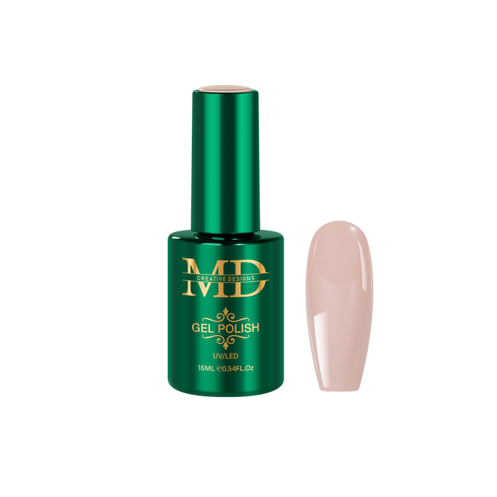 Green gel polish bottle with a beige nail tip color swatch on a white background
